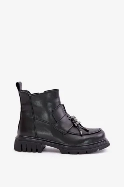 Skórzane Botki Na Płaskim Obcasie Z Ozdobą Ocieplane Czarne Asperra