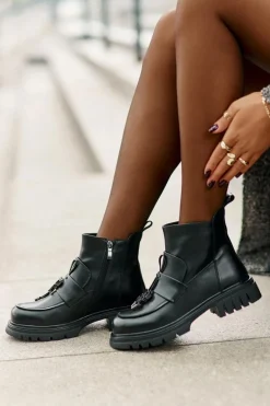 Skórzane Botki Na Płaskim Obcasie Z Ozdobą Ocieplane Czarne Asperra