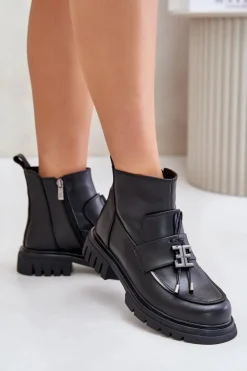 Skórzane Botki Na Płaskim Obcasie Z Ozdobą Ocieplane Czarne Asperra