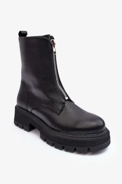 Skórzane Botki Na Płaskim Obcasie Z Suwakiem Czarne Vimal