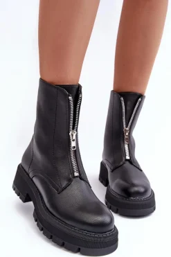 Skórzane Botki Na Płaskim Obcasie Z Suwakiem Czarne Vimal