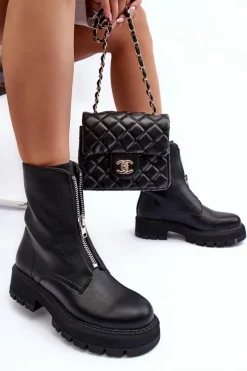 Skórzane Botki Na Płaskim Obcasie Z Suwakiem Czarne Vimal