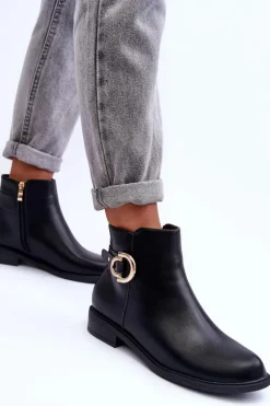 Skórzane Botki Na Płaskim Obcasie Czarne Meronei