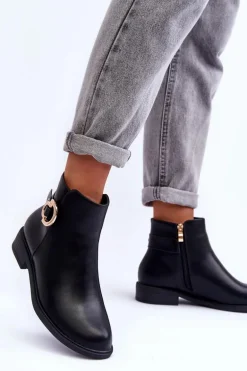 Skórzane Botki Na Płaskim Obcasie Czarne Meronei