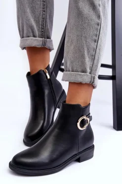 Skórzane Botki Na Płaskim Obcasie Czarne Meronei