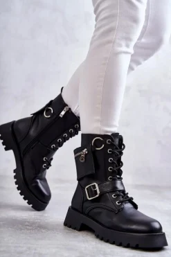 Skórzane Botki Na Płaskim Obcasie Czarne Marlis