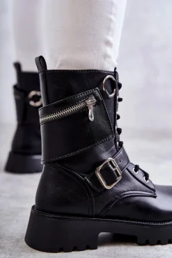 Skórzane Botki Na Płaskim Obcasie Czarne Marlis