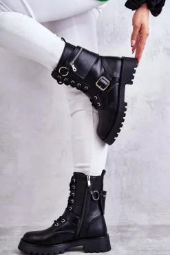 Skórzane Botki Na Płaskim Obcasie Czarne Marlis