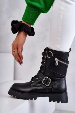 Skórzane Botki Na Płaskim Obcasie Czarne Marlis