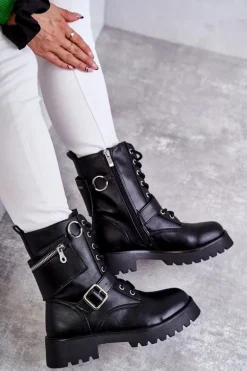 Skórzane Botki Na Płaskim Obcasie Czarne Marlis