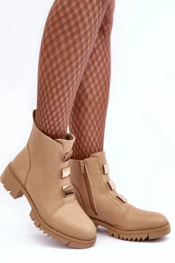 Skórzane Botki Na Płaskim Obcasie Beżowe Azulenn
