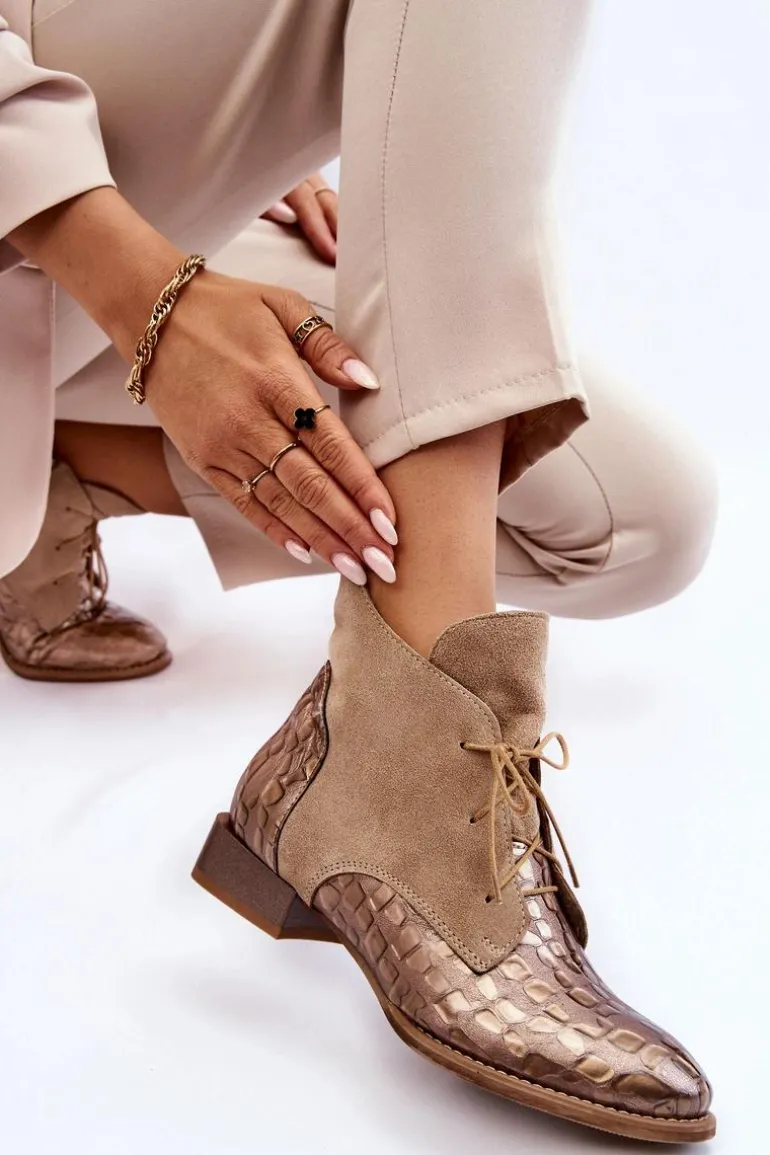 Skórzane Botki Na Płaskim Obcasie Maciejka 2878J-04 Beżowe