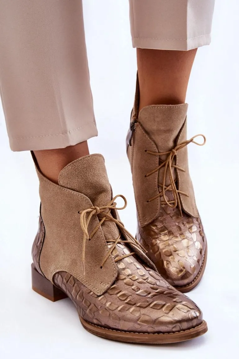 Skórzane Botki Na Płaskim Obcasie Maciejka 2878J-04 Beżowe