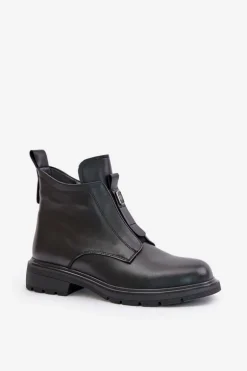 Skórzane Botki Na Płaskim Obcasie Ocieplane Czarne Komisa