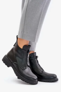 Skórzane Botki Na Płaskim Obcasie Ocieplane Czarne Komisa