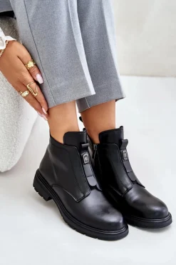 Skórzane Botki Na Płaskim Obcasie Ocieplane Czarne Komisa