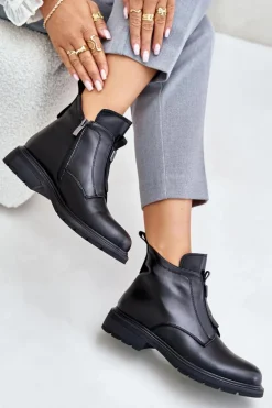 Skórzane Botki Na Płaskim Obcasie Ocieplane Czarne Komisa
