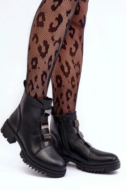 Skórzane Botki Na Płaskim Obcasie Czarne Azulenn