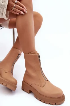 Skórzane Botki Na Płaskim Obcasie Z Suwakiem Camel Vimal