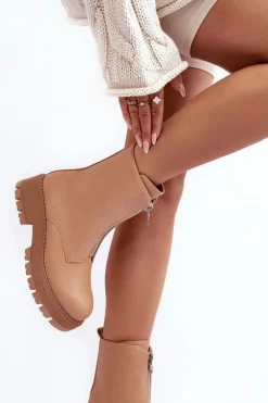 Skórzane Botki Na Płaskim Obcasie Z Suwakiem Camel Vimal