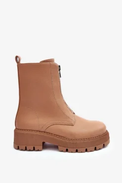 Skórzane Botki Na Płaskim Obcasie Z Suwakiem Camel Vimal