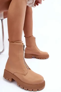 Skórzane Botki Na Płaskim Obcasie Z Suwakiem Camel Vimal