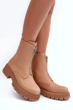 Skórzane Botki Na Płaskim Obcasie Z Suwakiem Camel Vimal
