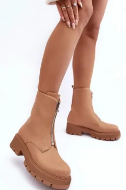 Skórzane Botki Na Płaskim Obcasie Z Suwakiem Camel Vimal