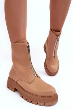 Skórzane Botki Na Płaskim Obcasie Z Suwakiem Camel Vimal