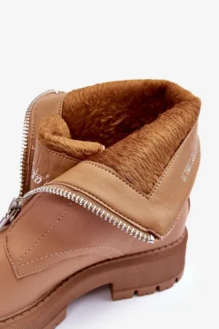 Skórzane Botki Na Płaskim Obcasie Z Suwakiem Camel Vimal