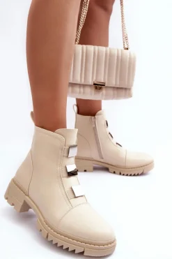 Skórzane Botki Na Płaskim Obcasie Jasnobeżowe Azulenn