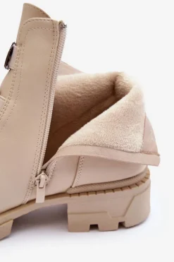 Skórzane Botki Na Płaskim Obcasie Jasnobeżowe Azulenn