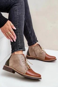 Skórzane Botki Na Płaskim Obcasie Brązowe Zazoo 4078