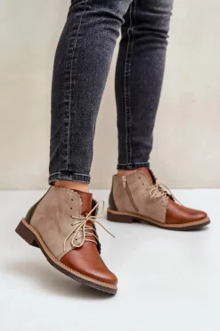 Skórzane Botki Na Płaskim Obcasie Brązowe Zazoo 4078