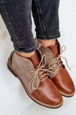 Skórzane Botki Na Płaskim Obcasie Brązowe Zazoo 4078