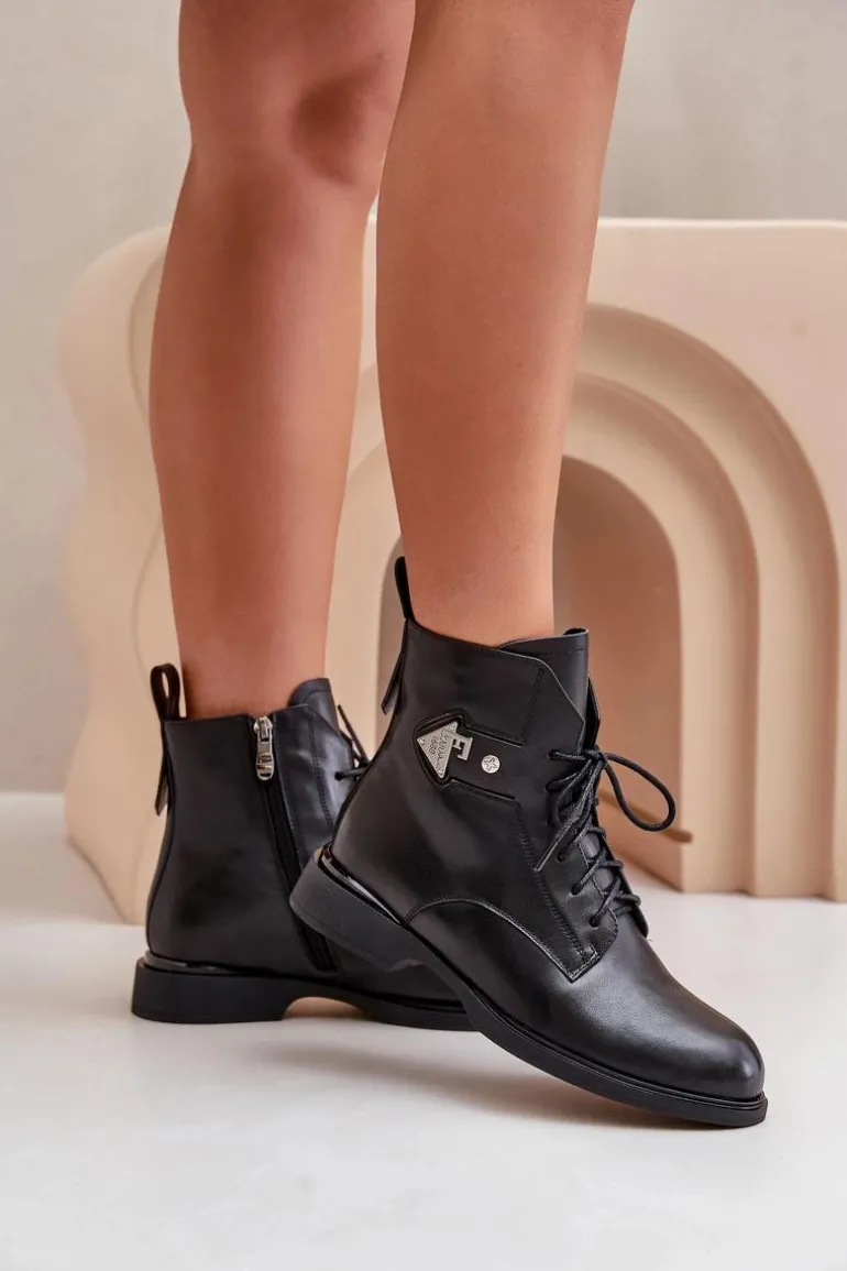 Skórzane Botki Na Płaskim Obcasie Z Ozdobą Ocieplane Maciejka N3115-01 Czarne