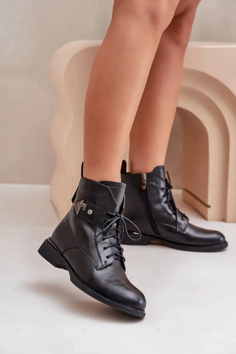 Skórzane Botki Na Płaskim Obcasie Z Ozdobą Ocieplane Maciejka N3115-01 Czarne