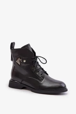 Skórzane Botki Na Płaskim Obcasie Z Ozdobą Ocieplane Maciejka N3115-01 Czarne