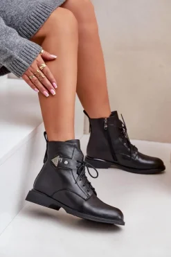 Skórzane Botki Na Płaskim Obcasie Z Ozdobą Ocieplane Maciejka N3115-01 Czarne