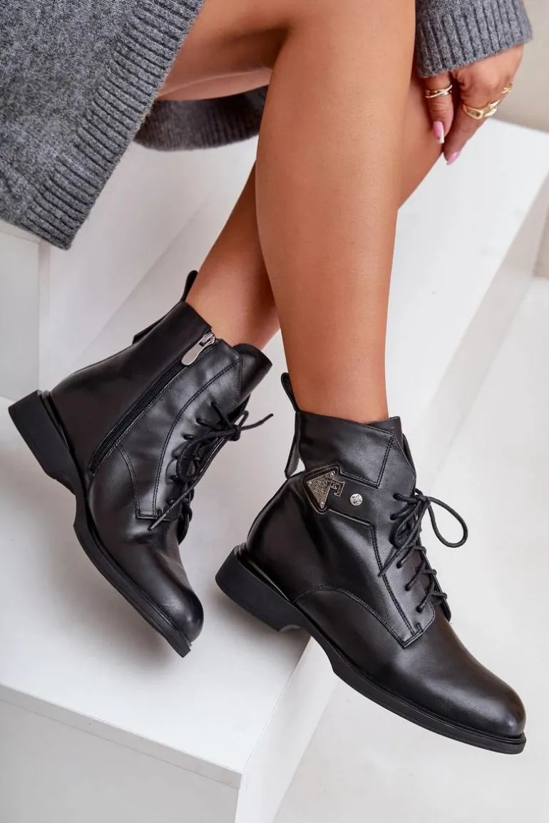 Skórzane Botki Na Płaskim Obcasie Z Ozdobą Ocieplane Maciejka N3115-01 Czarne