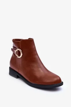 Skórzane Botki Na Płaskim Obcasie Brązowe Meronei