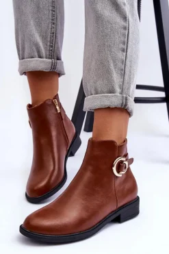 Skórzane Botki Na Płaskim Obcasie Brązowe Meronei