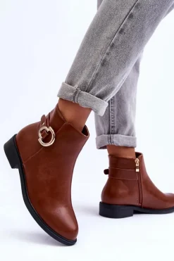 Skórzane Botki Na Płaskim Obcasie Brązowe Meronei