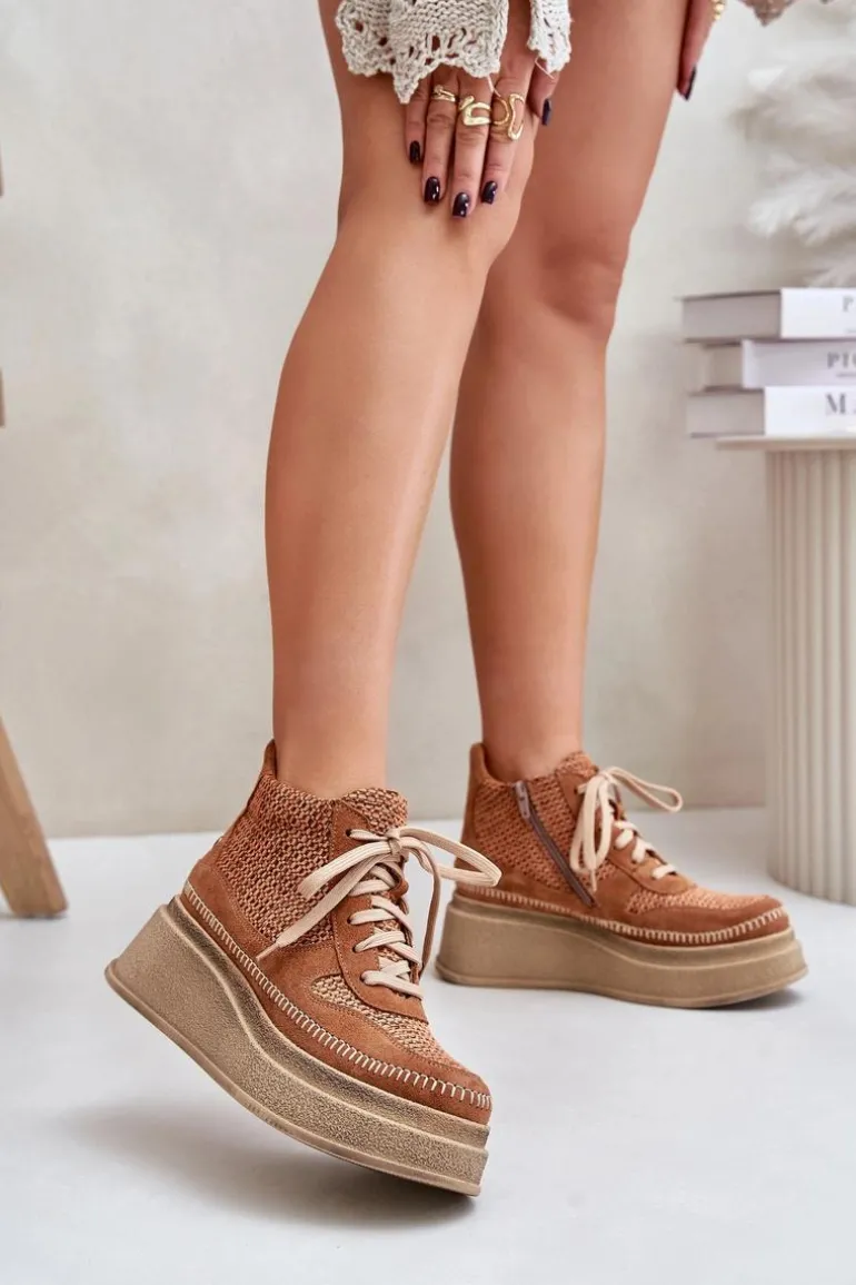 Skórzane Botki Na Platformie I Koturnie Maciejka 06759-29 Brązowe