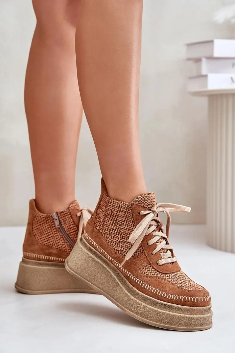 Skórzane Botki Na Platformie I Koturnie Maciejka 06759-29 Brązowe