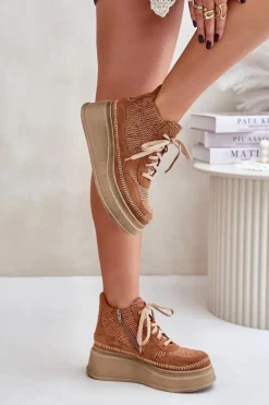 Skórzane Botki Na Platformie I Koturnie Maciejka 06759-29 Brązowe