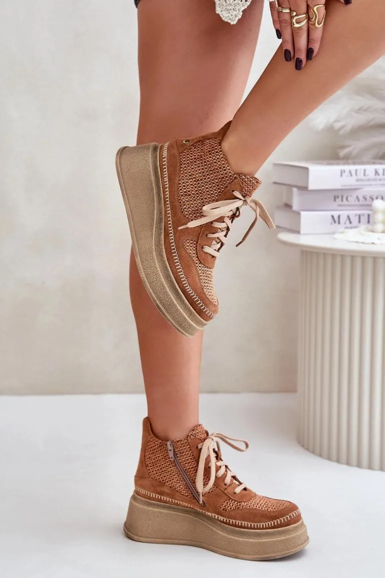 Skórzane Botki Na Platformie I Koturnie Maciejka 06759-29 Brązowe