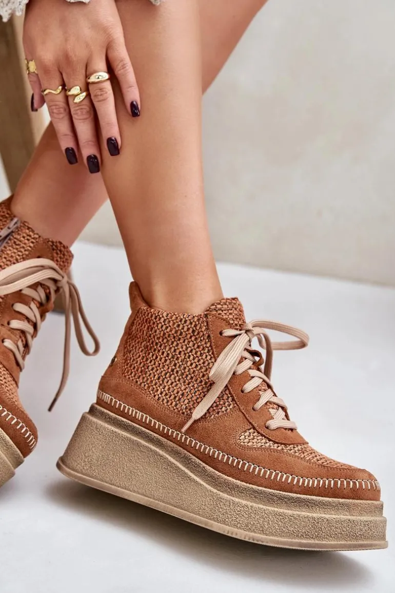 Skórzane Botki Na Platformie I Koturnie Maciejka 06759-29 Brązowe