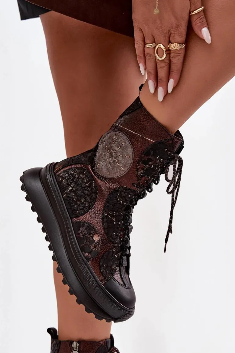 Skórzane Botki Na Platformie Ocieplane Maciejka 06565-02 Brązowo-Złote