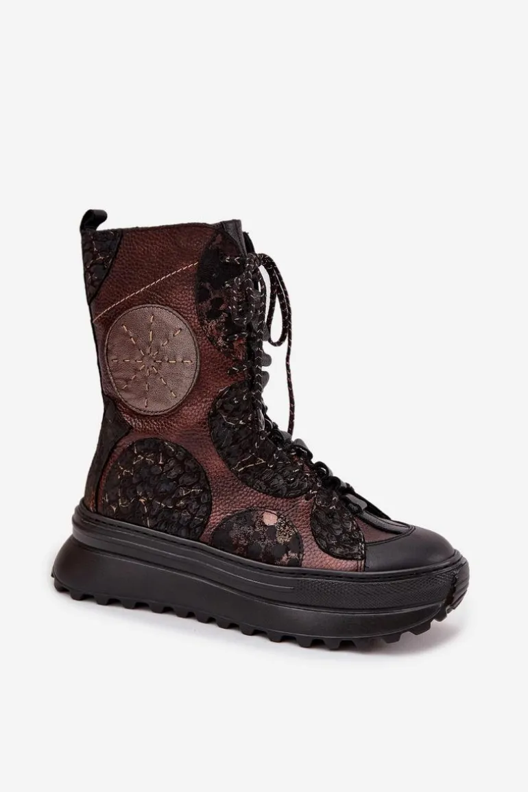 Skórzane Botki Na Platformie Ocieplane Maciejka 06565-02 Brązowo-Złote